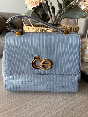 Compact Textured Top-Handle Satchel in Light Blue with Gold Accent